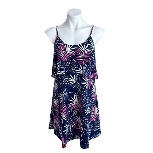 Express Slip Dress Sz M Flounce Red White And Blue Palm Floral Picnic Patrotic - Picture 12 of 12